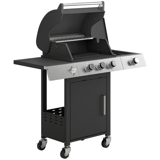 Gas Grill with 3 Burners, Side Burner, Cast Iron Grates
