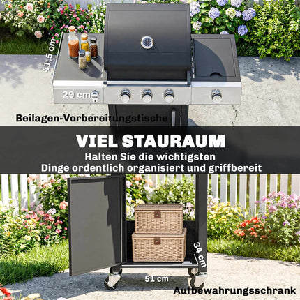 Gas Grill with 3 Burners, Side Burner, Cast Iron Grates