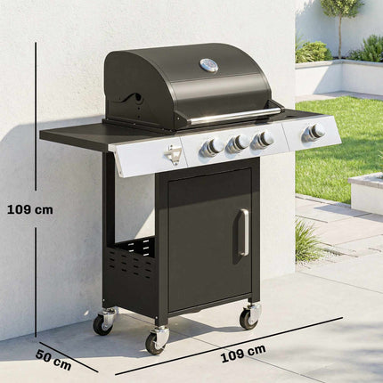Gas Grill with 3 Burners, Side Burner, Cast Iron Grates