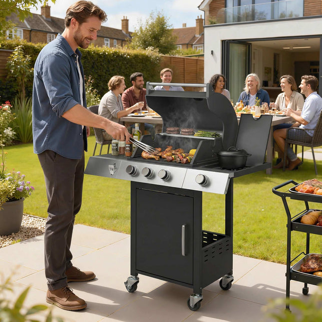 Gas Grill with 3 Burners, Side Burner, Cast Iron Grates