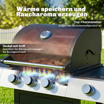 Gas Grill with 3 Burners, Side Burner, Cast Iron Grates