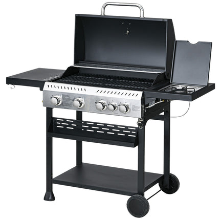 Gas grill cart, 4+1 burner, thermometer, wheels, black