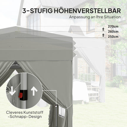 Paviljoen 2,5 x 2,5 m, waterafstotend, stabiel, winterbestendig pop-up vouwpaviljoen, UV-bescherming 50+, opvouwbare partytent, tuintent met 4 zijpanelen, zaktuinpaviljoen voor op de camping, tuin, lichtgrijs