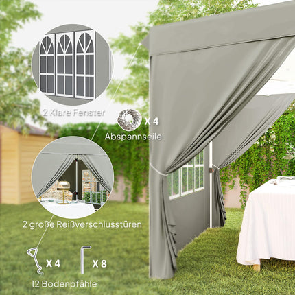 Paviljoen 2,5 x 2,5 m, waterafstotend, stabiel, winterbestendig pop-up vouwpaviljoen, UV-bescherming 50+, opvouwbare partytent, tuintent met 4 zijpanelen, zaktuinpaviljoen voor op de camping, tuin, lichtgrijs