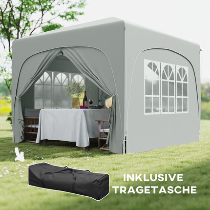 Paviljoen 3x3m, waterafstotend, stabiel, winterbestendig pop-up vouwpaviljoen, UV-bescherming 50+, opvouwbare partytent, tuintent met 4 zijpanelen, zaktuinpaviljoen voor op de camping, tuin, lichtgrijs