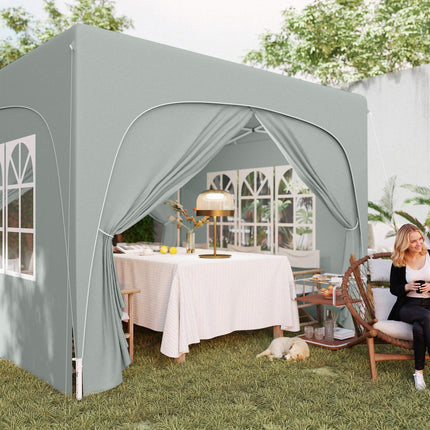 Paviljoen 3x3m, waterafstotend, stabiel, winterbestendig pop-up vouwpaviljoen, UV-bescherming 50+, opvouwbare partytent, tuintent met 4 zijpanelen, zaktuinpaviljoen voor op de camping, tuin, lichtgrijs