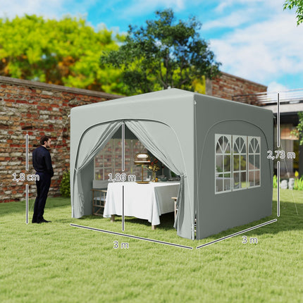 Paviljoen 3x3m, waterafstotend, stabiel, winterbestendig pop-up vouwpaviljoen, UV-bescherming 50+, opvouwbare partytent, tuintent met 4 zijpanelen, zaktuinpaviljoen voor op de camping, tuin, lichtgrijs