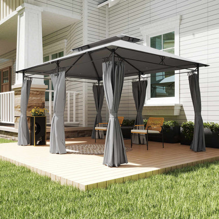Gazebo 3x4 m with Curtains, Double Roof, Metal Frame
