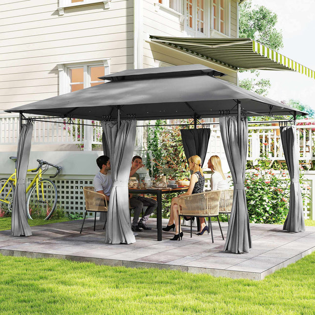 Gazebo 3x4 m with Curtains, Double Roof, Metal Frame