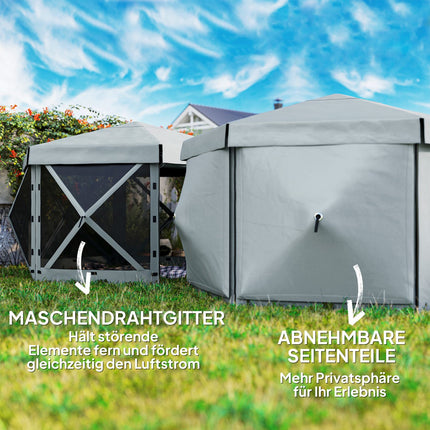 Tuinhuisje Zeshoekig Ca. 3,6x3m waterdicht pop-up vouwpaviljoen met 5 zijpanelen zak opvouwbare partytent UV 30+ winterbestendig tuintent tuinpaviljoen voor kamperen tuinfestival lichtgrijs Aosoom