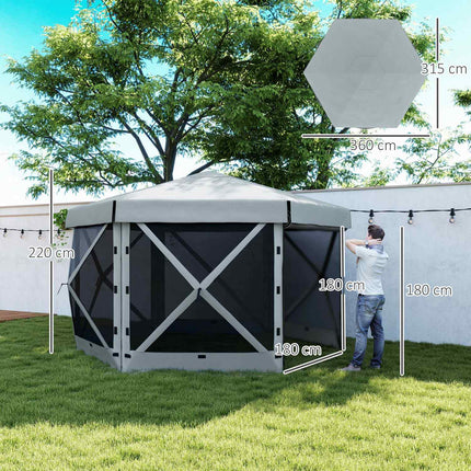 Tuinhuisje Zeshoekig Ca. 3,6x3m waterdicht pop-up vouwpaviljoen met 5 zijpanelen zak opvouwbare partytent UV 30+ winterbestendig tuintent tuinpaviljoen voor kamperen tuinfestival lichtgrijs Aosoom