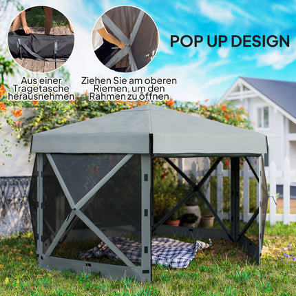 Tuinhuisje Zeshoekig Ca. 3,6x3m waterdicht pop-up vouwpaviljoen met 5 zijpanelen zak opvouwbare partytent UV 30+ winterbestendig tuintent tuinpaviljoen voor kamperen tuinfestival lichtgrijs Aosoom