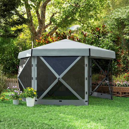 Tuinhuisje Zeshoekig Ca. 3,6x3m waterdicht pop-up vouwpaviljoen met 5 zijpanelen zak opvouwbare partytent UV 30+ winterbestendig tuintent tuinpaviljoen voor kamperen tuinfestival lichtgrijs Aosoom