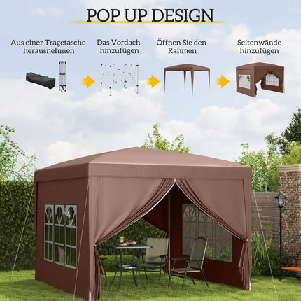 Tuinpaviljoen ca. 3x3m, waterafstotend, stabiel, winterbestendig pop-up vouwpaviljoen, UV-bescherming 50+, opvouwbare partytent, tuintent met 4 zijpanelen, zaktuinpaviljoen voor kamperen, tuin, koffie