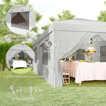 Paviljoen ca. 3x6m, waterafstotend, stabiel, winterbestendig pop-up vouwpaviljoen, UV-bescherming 50+, opvouwbare partytent, tuintent met 6 zijpanelen, zaktuinpaviljoen voor op de camping, tuin, lichtgrijs
