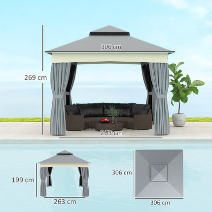 Tuinpaviljoen met dubbel dak, 3x3 m, waterafstotend, stabiel, winterbestendig tuinpaviljoen met klamboe, zijpanelen, tuinpaviljoen van metaal, voor tuin, terras, donkergrijs Aosoom