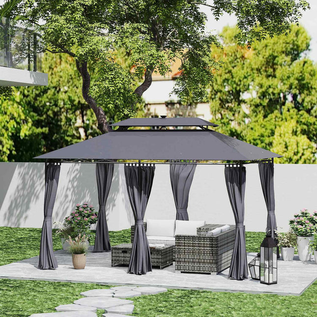 Metal Gazebo 4x3m, Double Roof, Solar LED, Dark Grey