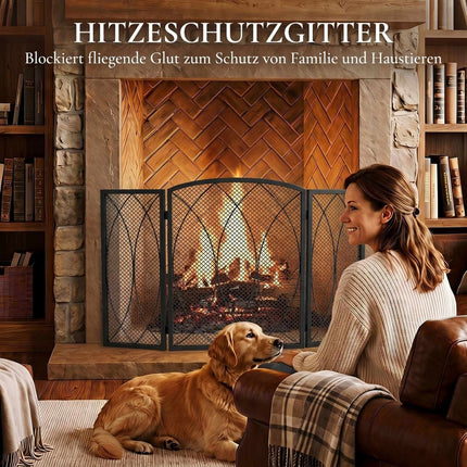 Geometric 3-Panel Metal Fireplace Screen, Black
