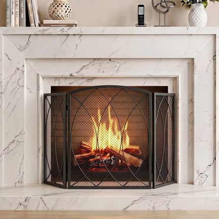 Geometric 3-Panel Metal Fireplace Screen, Black