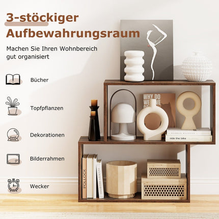 Geometric 3-Tier Wooden Bookshelf with Cube Shelves, Brown