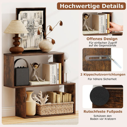 Geometric 3-Tier Wooden Bookshelf with Cube Shelves, Brown