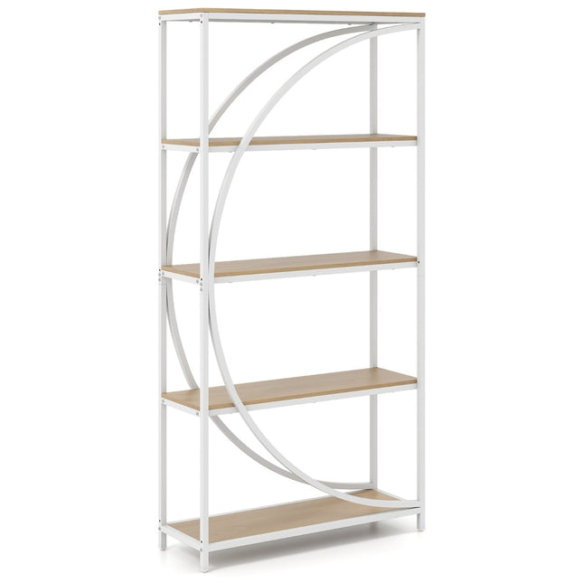 Geometric Bookshelf with Open Wood Shelves & Metal Frame