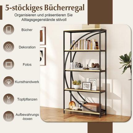 Geometric Bookshelf with Open Wood Shelves & Metal Frame