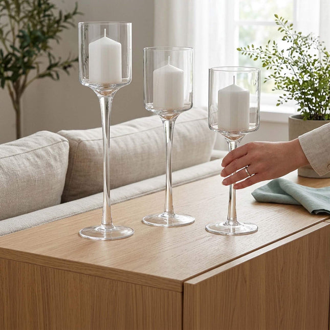 Glass Candle Holders Set, 3 Sizes, Transparent