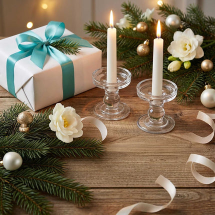 Glass Candle Holders, Set of 2 for Taper & Pillar Candles