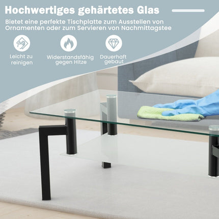 Glass Coffee Table – 2-Tier, Tempered Glass, Black Frame
