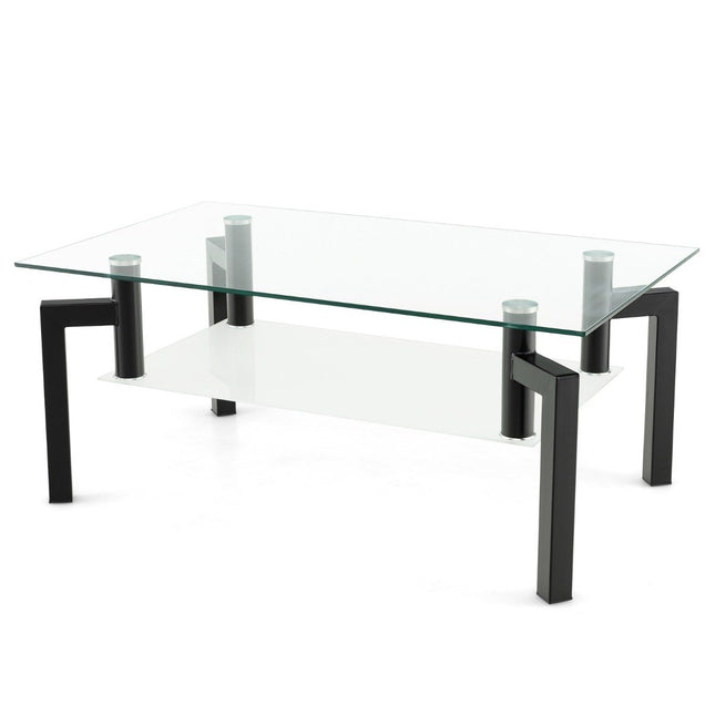 Glass Coffee Table – 2-Tier, Tempered Glass, Black Frame