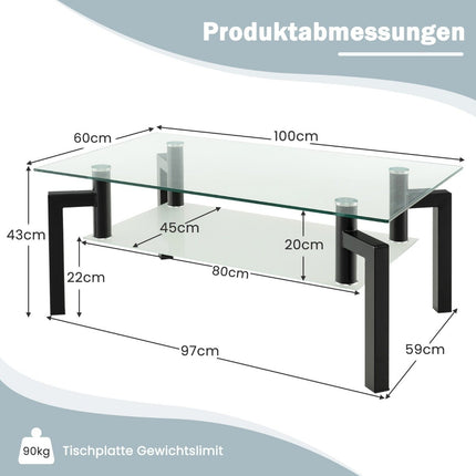 Glass Coffee Table – 2-Tier, Tempered Glass, Black Frame