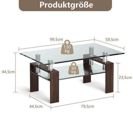 Glass Coffee Table with Shelf, 99.5 x 59.5 x 44.5 cm, Brown