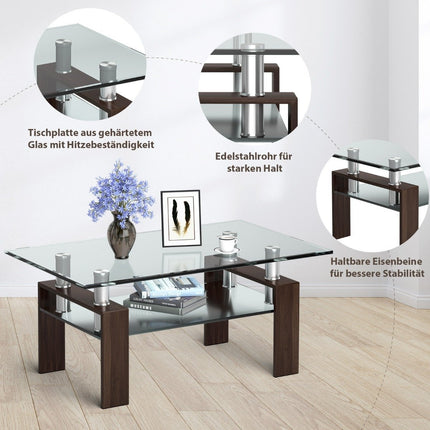 Glass Coffee Table with Shelf, 99.5 x 59.5 x 44.5 cm, Brown