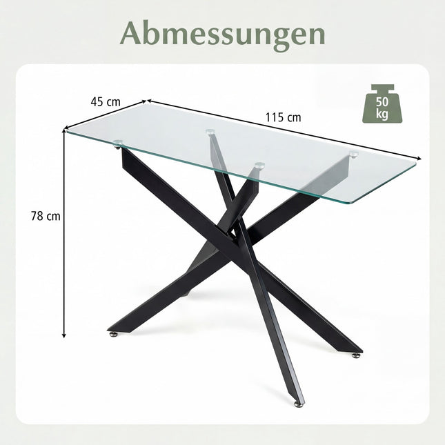Glazen consoletafel, blad van gehard glas, metalen poten