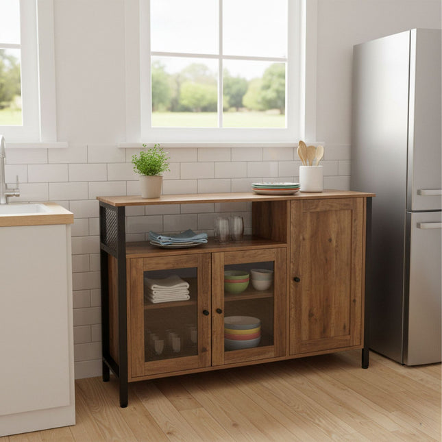 Glass-Door Kitchen Sideboard, Adjustable Shelves