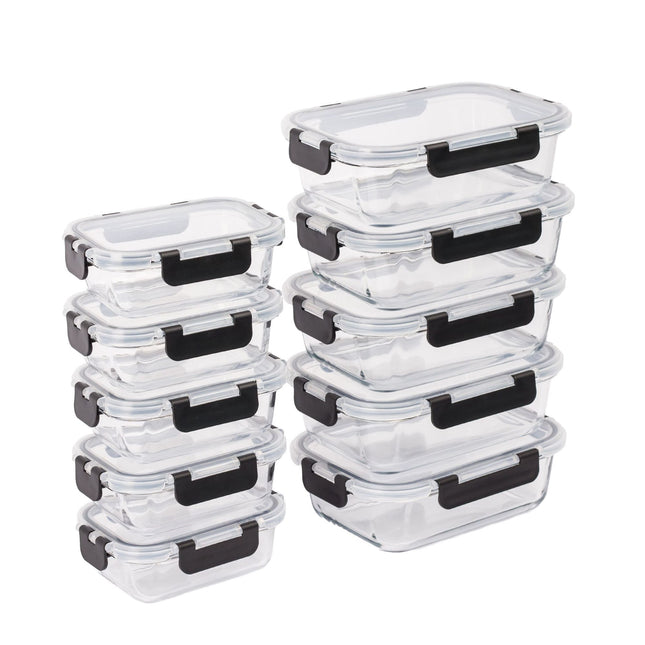 Glass Food Storage Containers, 10-Piece Set, Leak-Proof Lids