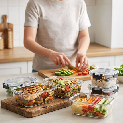 Glass Food Storage Containers, 10-Piece Set, Leak-Proof Lids