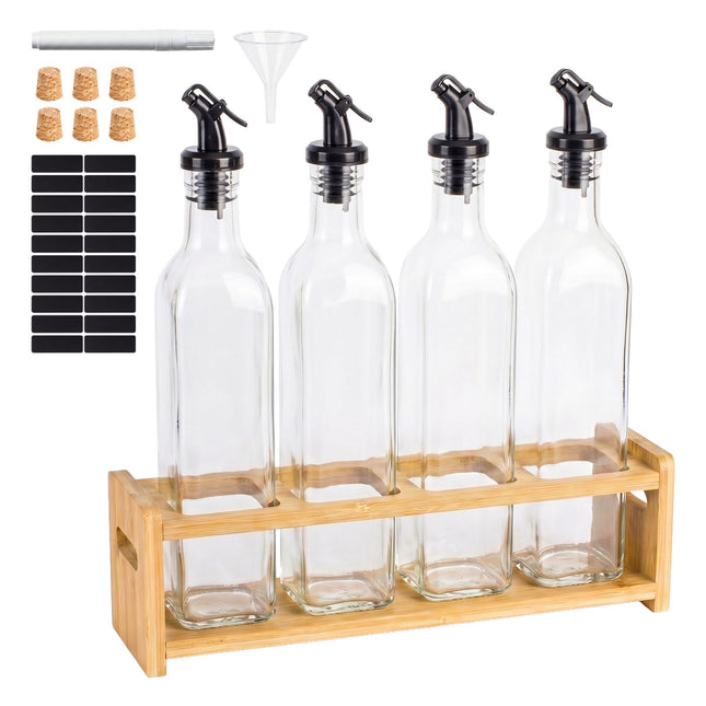 Glass Oil Bottle Set with Bamboo Holder – 4 Pack
