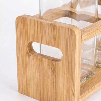 Glass Oil Bottle Set with Bamboo Holder – 4 Pack