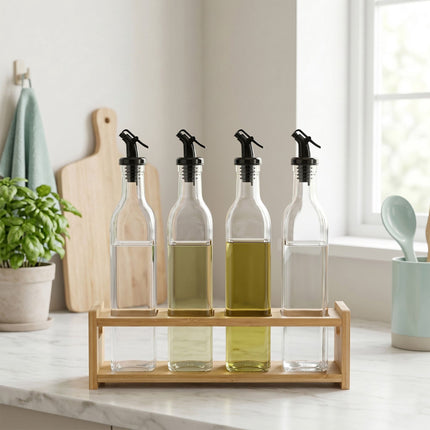 Glass Oil Bottle Set with Bamboo Holder – 4 Pack
