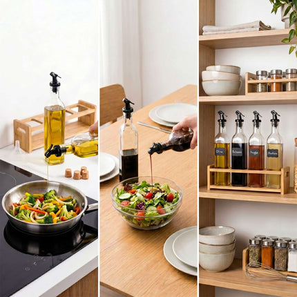 Glass Oil Bottle Set with Bamboo Holder – 4 Pack