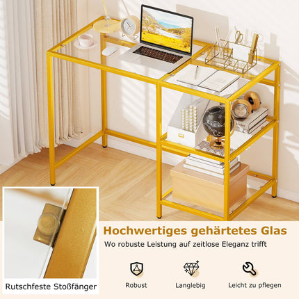 Glass-Top Computer Desk with Metal Frame, Gold, 106x51x76 cm
