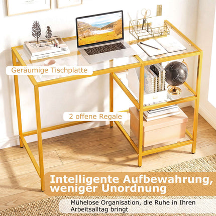 Glass-Top Computer Desk with Metal Frame, Gold, 106x51x76 cm