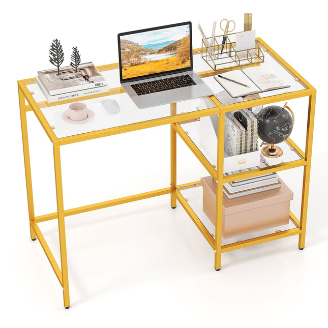 Glass-Top Computer Desk with Metal Frame, Gold, 106x51x76 cm