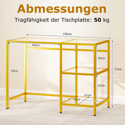 Glass-Top Computer Desk with Metal Frame, Gold, 106x51x76 cm