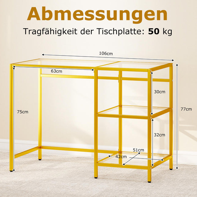 Glass-Top Computer Desk with Metal Frame, Gold, 106x51x76 cm