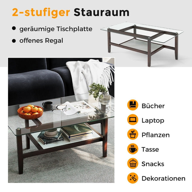 Glass coffee table 2-tier side table with storage space 107 cm long rectangular coffee table