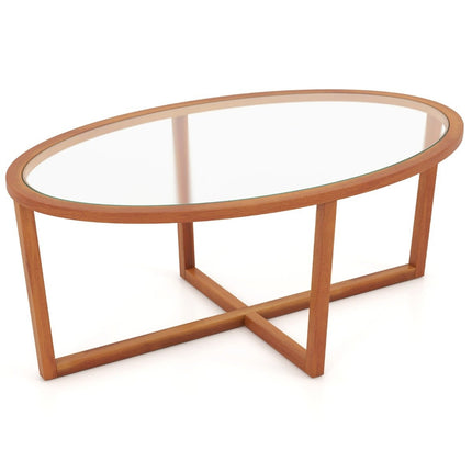 Glass coffee table with cross base & legs made of acacia wood Modern glass table side table