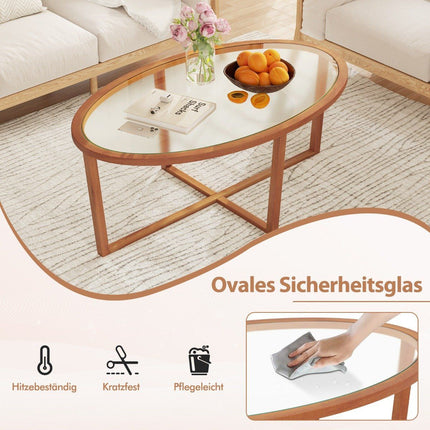Glass coffee table with cross base & legs made of acacia wood Modern glass table side table